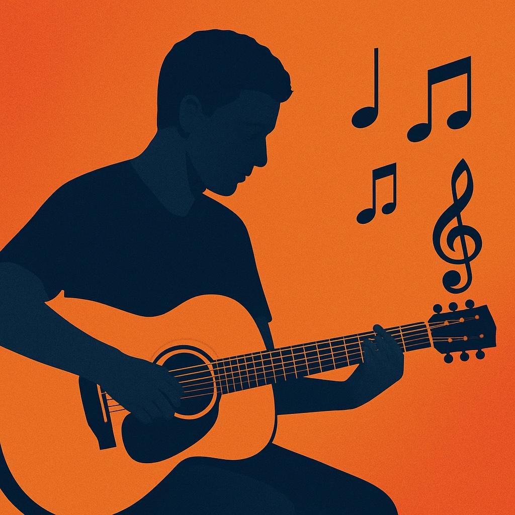 Illustration vectorielle d'une personne jouant de la guitare acoustique avec des notes de musique