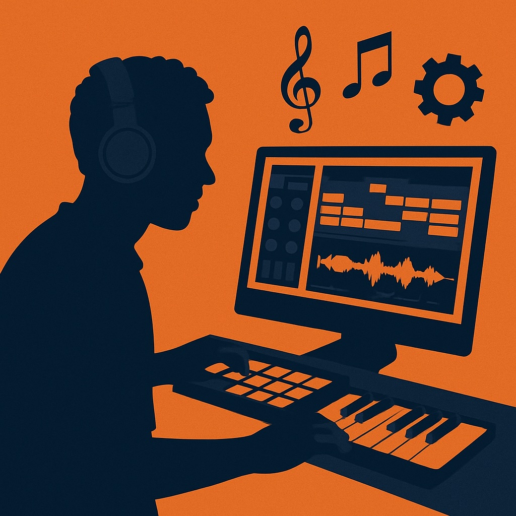 Illustration vectorielle d'une personne composant de la musique sur ordinateur